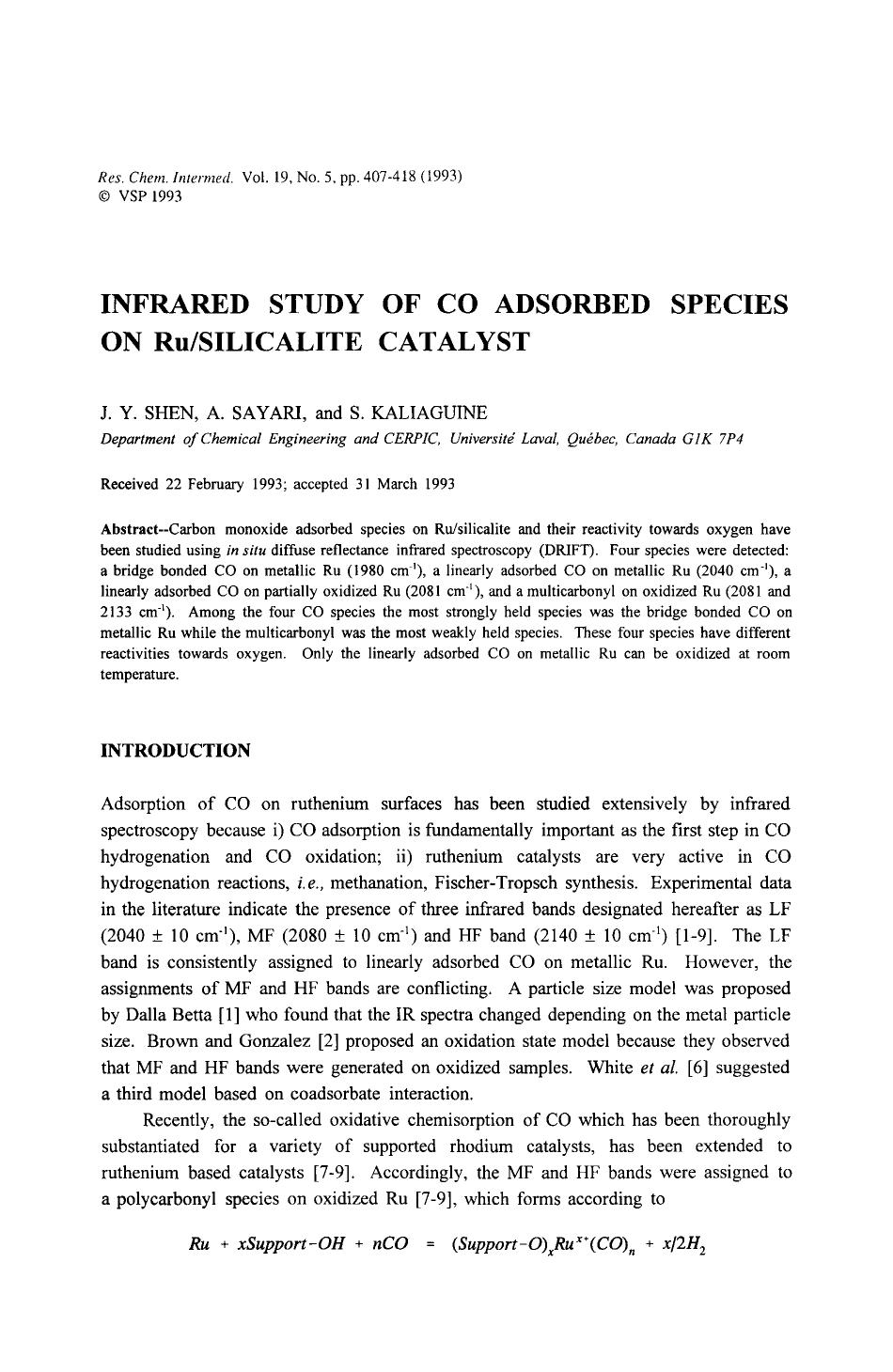 Infrared study of co adsorbed species on rusilicalite catalyst by Unknown
