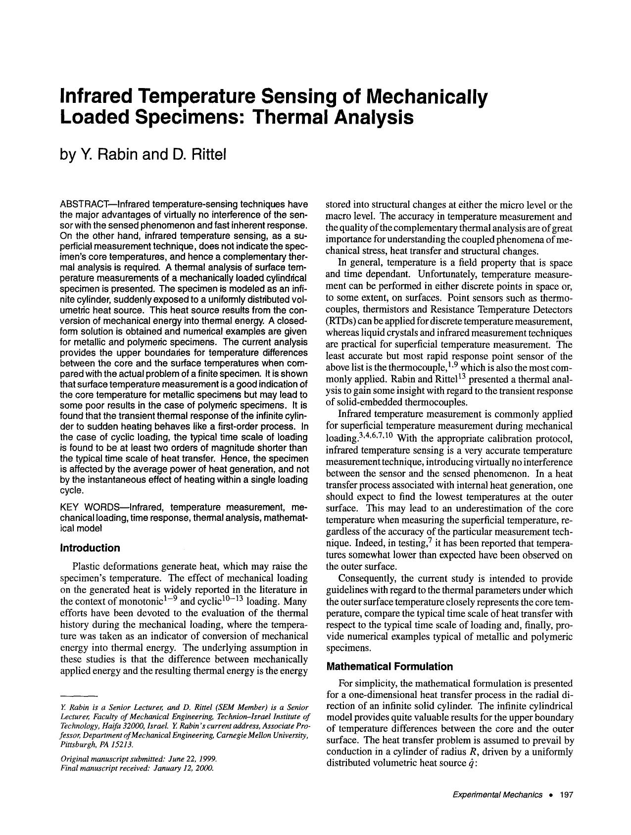 Infrared temperature sensing of mechanically loaded specimens: Thermal analysis by Unknown