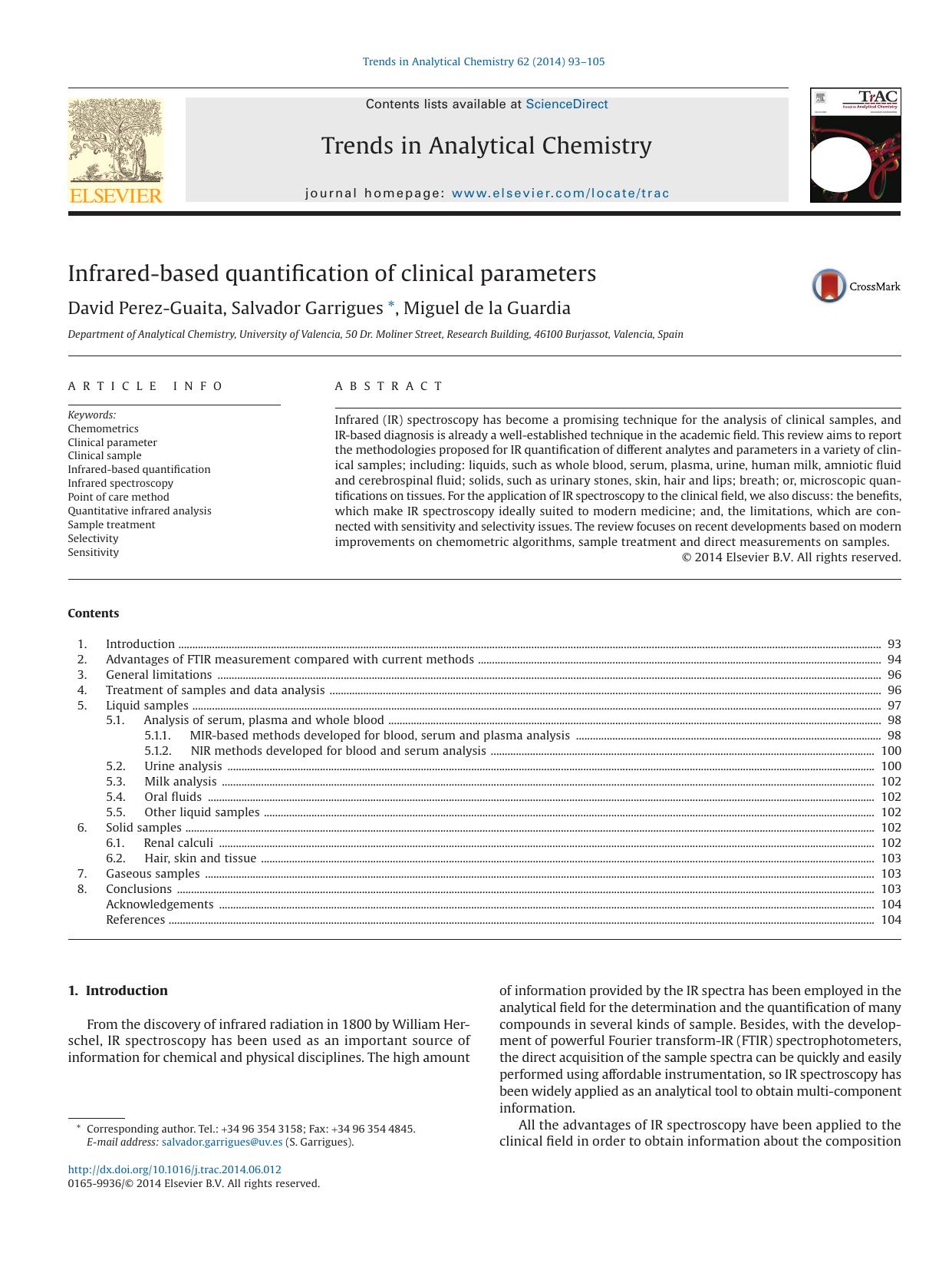 Infrared-based quantification of clinical parameters by David Perez-Guaita & Salvador Garrigues & Miguel de la & Guardia