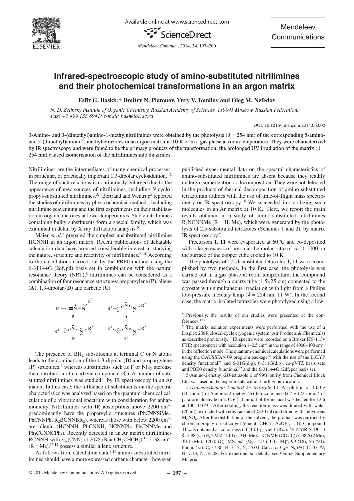 Infrared-spectroscopic study of amino-substituted nitrilimines and their photochemical transformations in an argon matrix by Esfir G. Baskir & Dmitry N. Platonov & Yury V. Tomilov & Oleg M. Nefedov