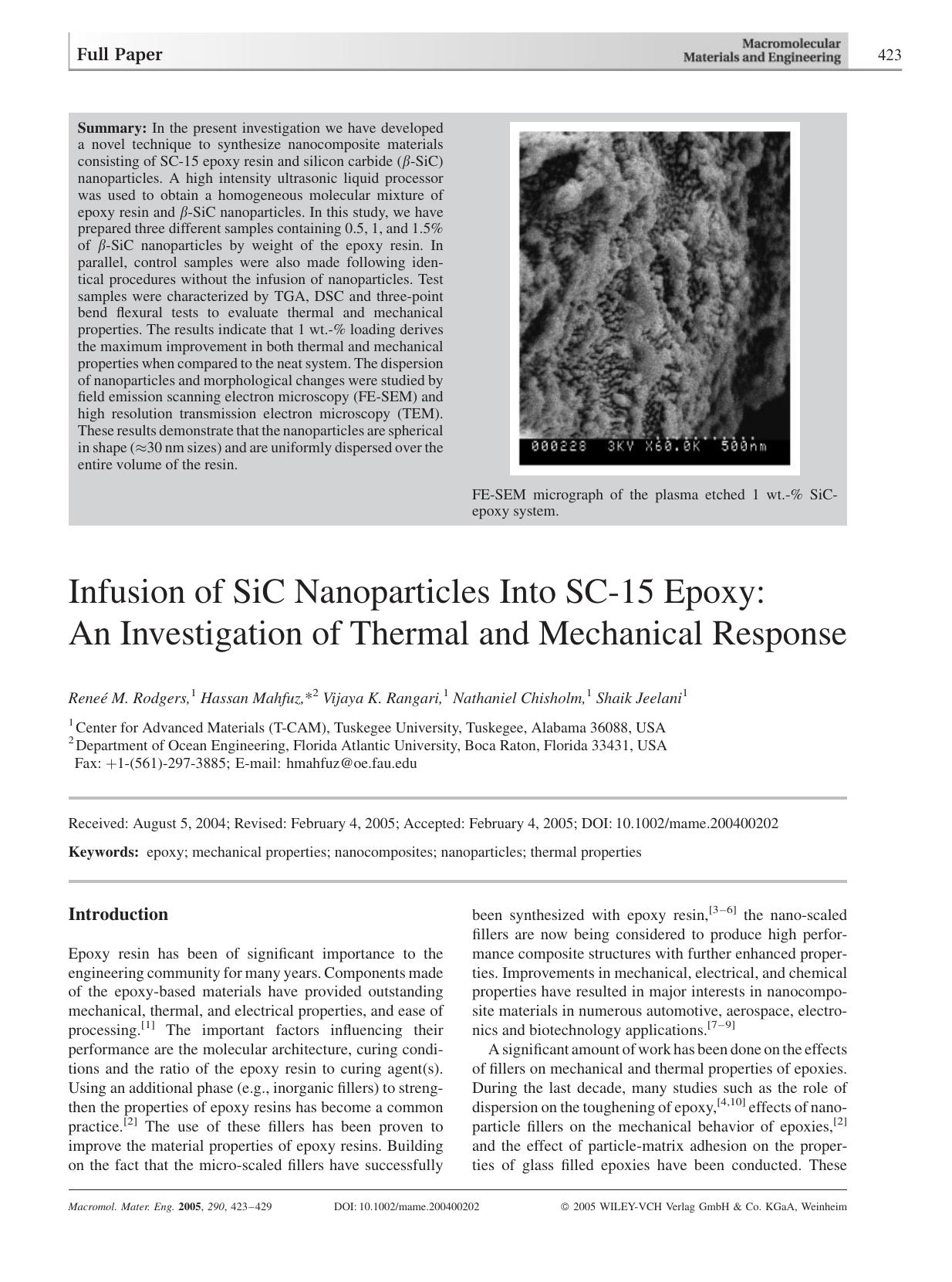 Infusion of SiC Nanoparticles Into SC-15 Epoxy: An Investigation of Thermal and Mechanical Response by Unknown