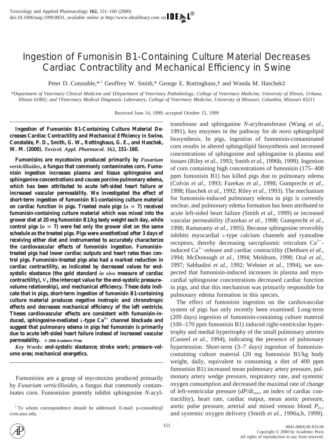 Ingestion of Fumonisin B1-Containing Culture Material Decreases Cardiac Contractility and Mechanical Efficiency in Swine by Constable P. D. et al