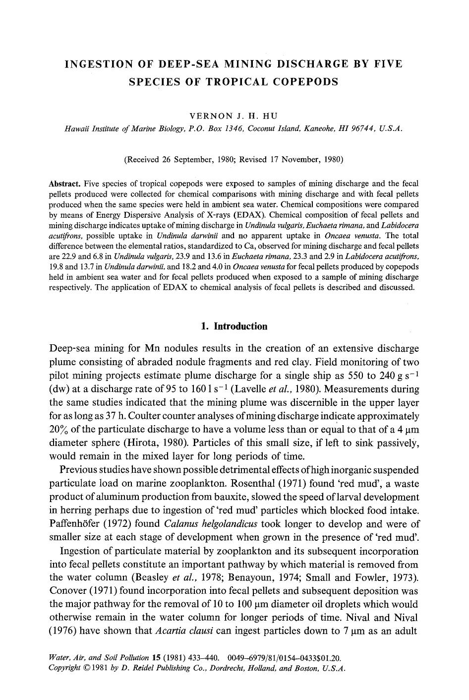 Ingestion of deep-sea mining discharge by five species of tropical copepods by Unknown
