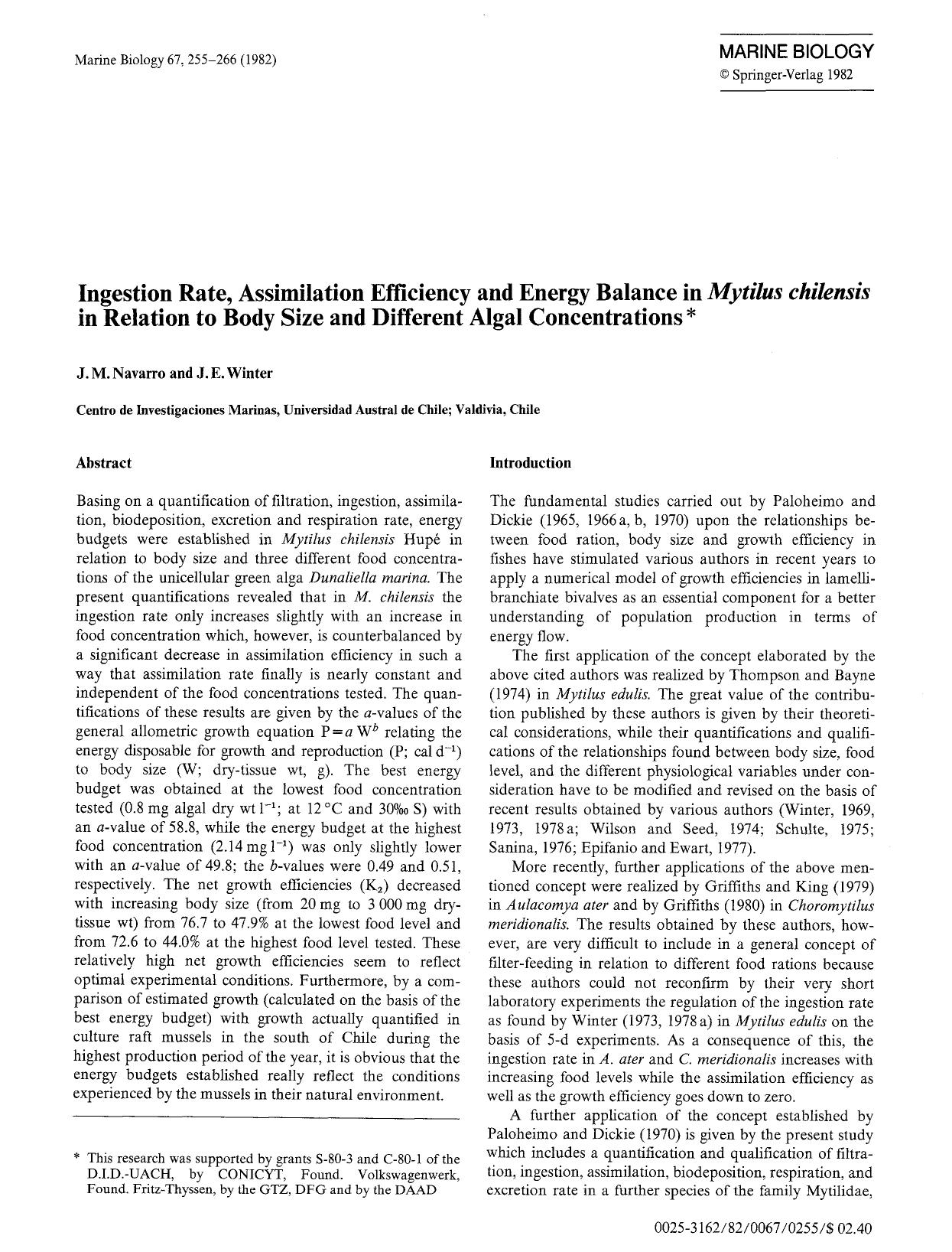 Ingestion rate, assimilation efficiency and energy balance in <Emphasis Type="Italic">Mytilus chilensis<Emphasis> in relation to body size and different algal concentrations by Unknown