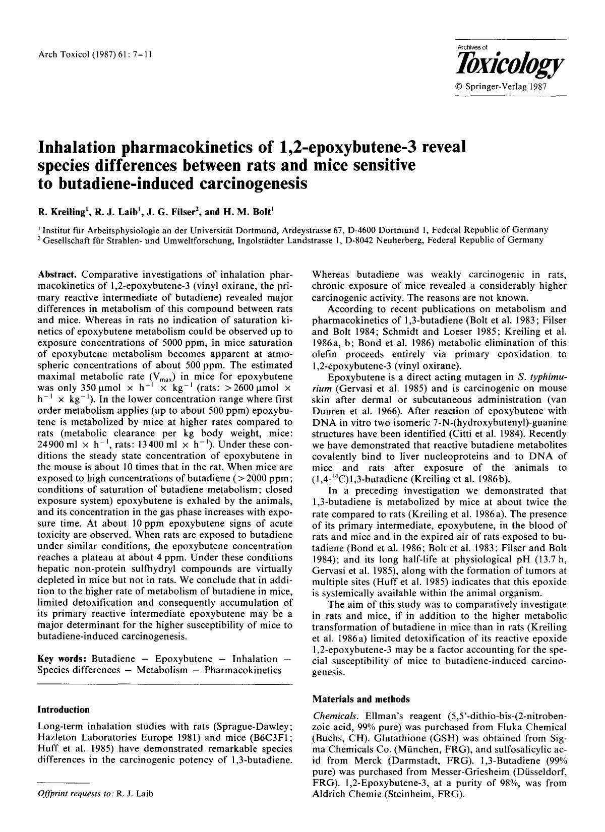 Inhalation pharmacokinetics of 1,2-epoxybutene-3 reveal species differences between rats and mice sensitive to butadiene-induced carcinogenesis by Unknown