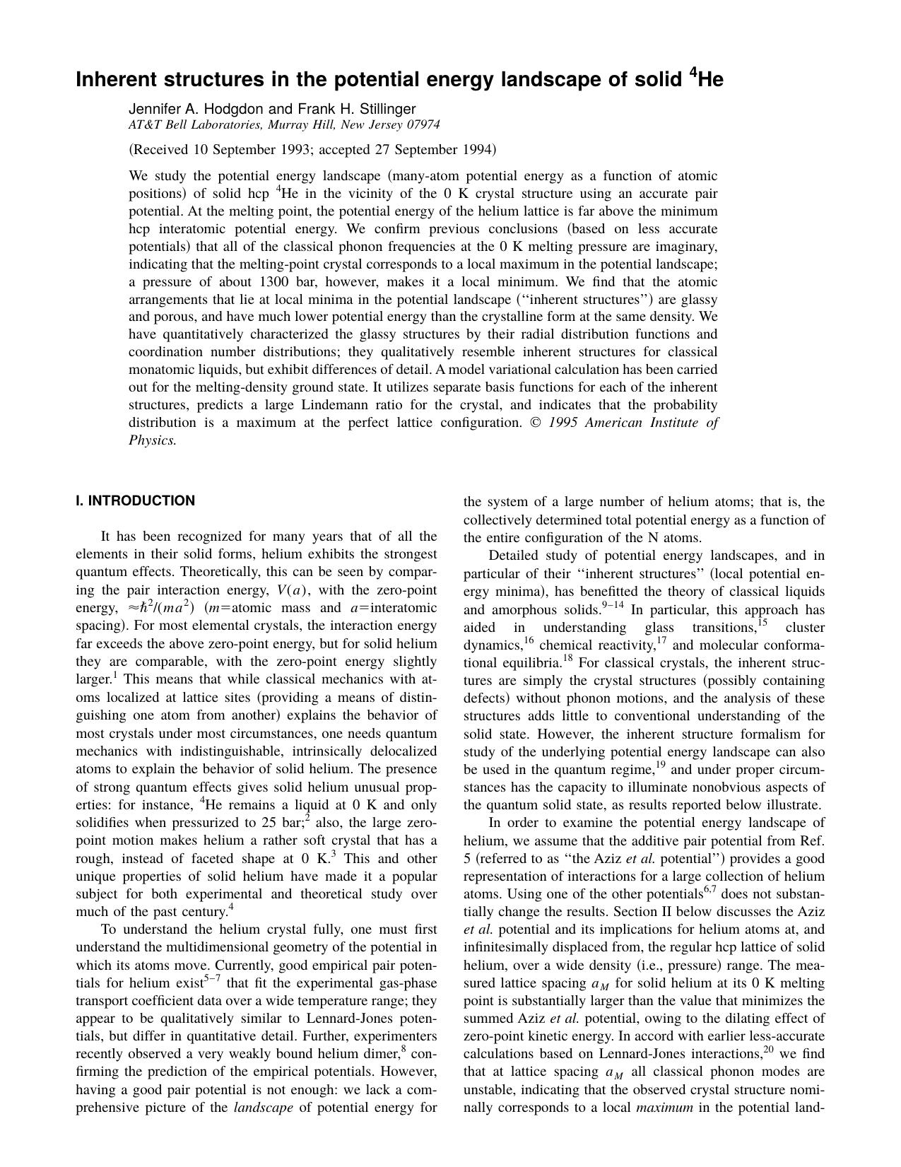 Inherent structures in the potential energy by Jennifer A. Hodgdon and Frank H. Stillinger