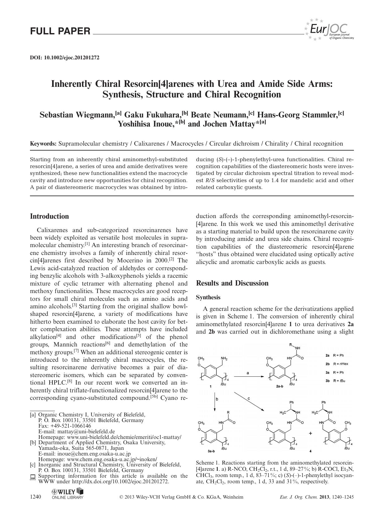 Inherently Chiral Resorcin[4]arenes with Urea and Amide Side Arms: Synthesis, Structure and Chiral Recognition by Unknown