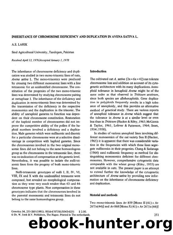 Inheritance of chromosome deficiency and duplication in Avena sativa L. by Unknown