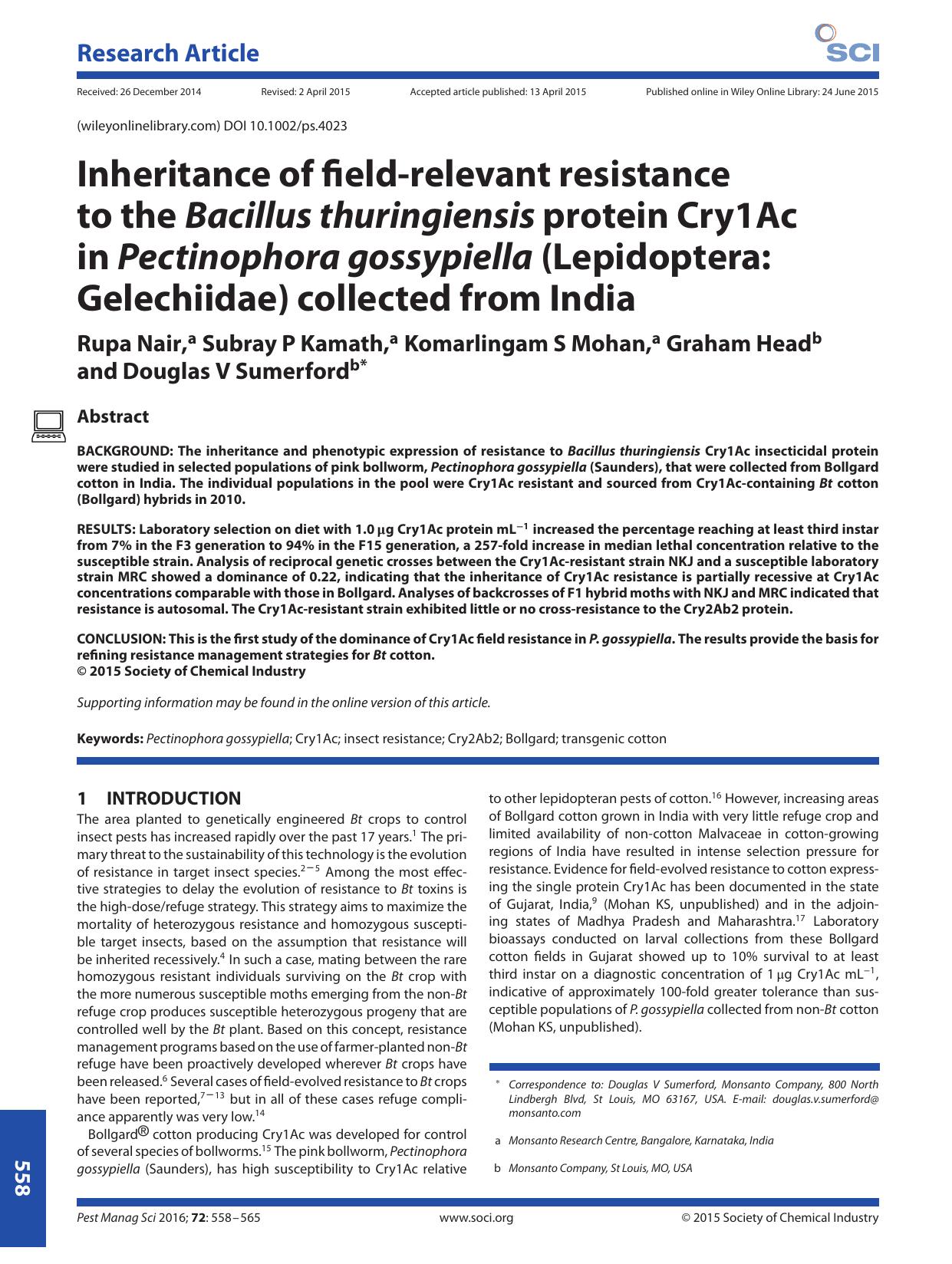 Inheritance of field-relevant resistance to the Bacillus thuringiensis protein Cry1Ac in Pectinophora gossypiella (Lepidoptera: Gelechiidae) collected from India by Unknown