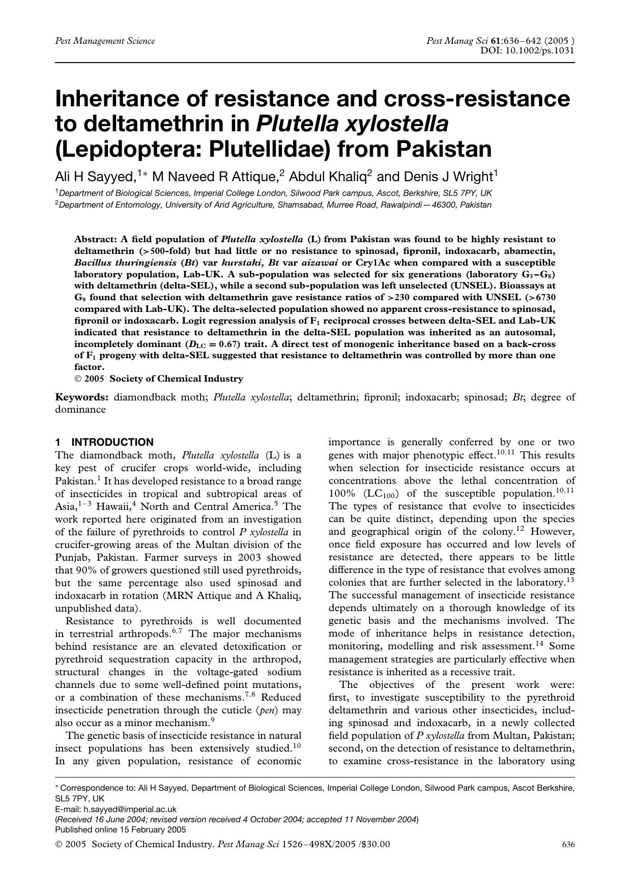 Inheritance of resistance and cross-resistance to deltamethrin in Plutella xylostella (Lepidoptera: Plutellidae) from Pakistan by Unknown