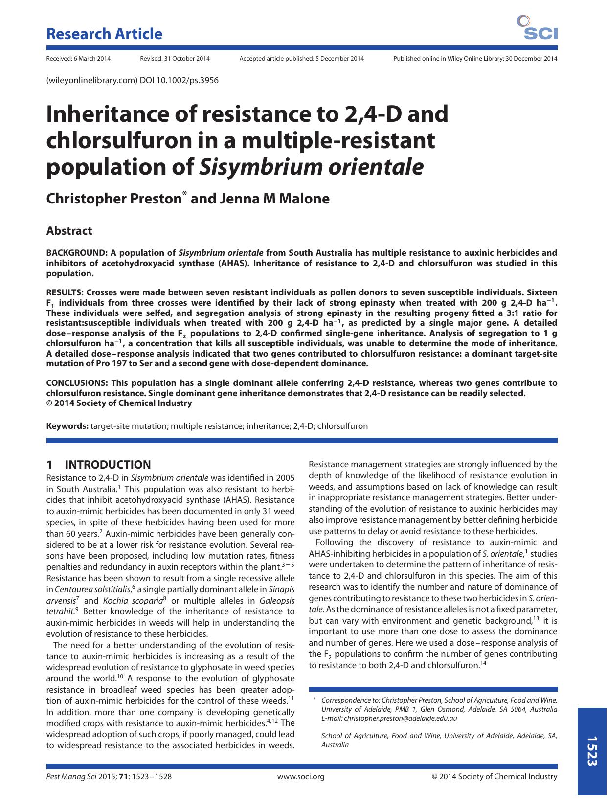 Inheritance of resistance to 2,4-D and chlorsulfuron in a multiple-resistant population of Sisymbrium orientale by Unknown