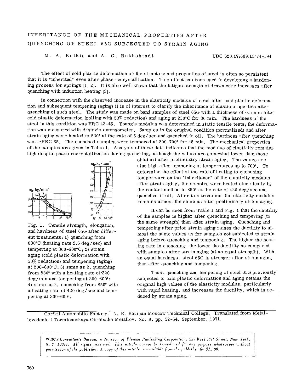 Inheritance of the mechanical properties after quenching of steel 65G subjected to strain aging by Unknown