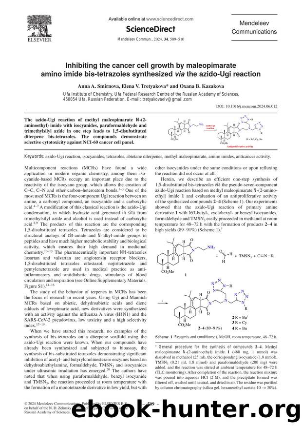 Inhibiting the cancer cell growth by maleopimarate amino imide bis-tetrazoles synthesized via the azido-Ugi reaction by Anna A. Smirnova & Elena V. Tretyakova & Oxana B. Kazakova