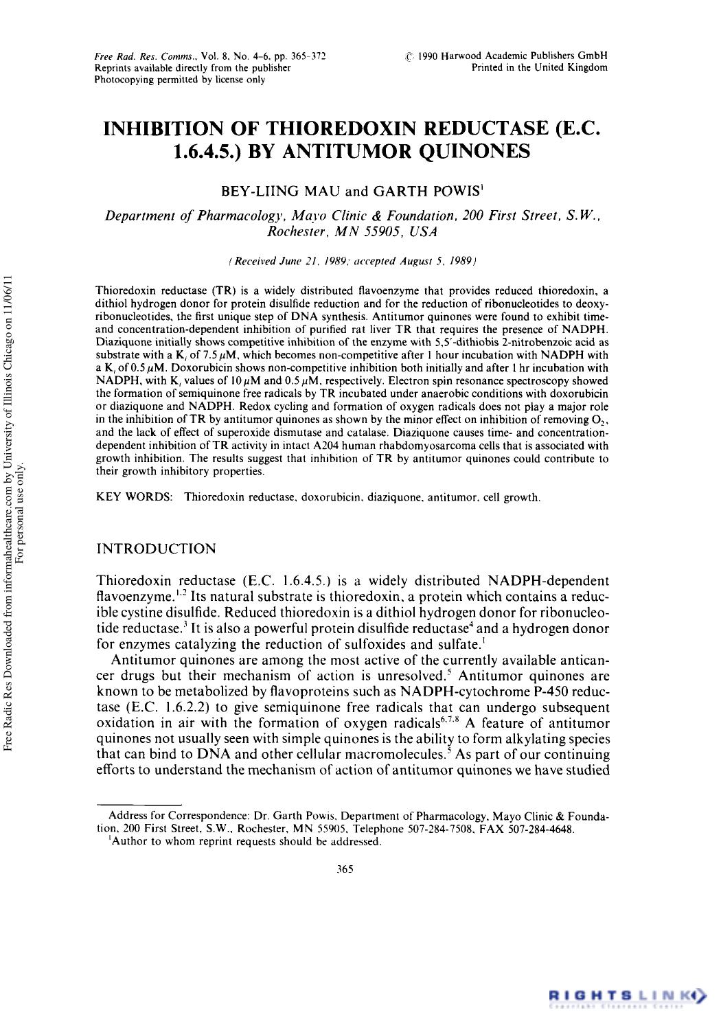Inhibition Of Thioredoxin Reductase (E.C. 1.6.4.5.) By Antitumor Quinones by Bey-Liing Mau1 & Garth Powis1