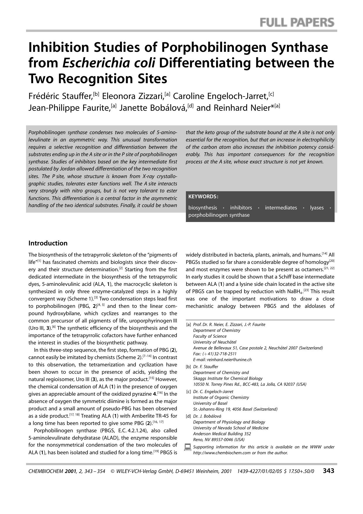 Inhibition Studies of Porphobilinogen Synthase from Escherichia coli Differentiating between the Two Recognition Sites by Systemverwalter