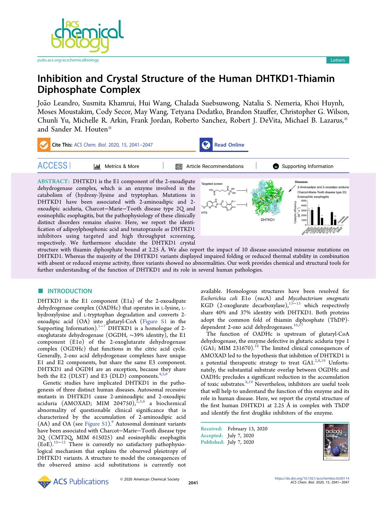 Inhibition and Crystal Structure of the Human DHTKD1-Thiamin Diphosphate Complex by unknow