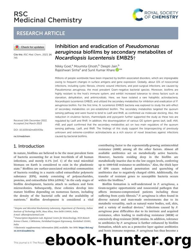 Inhibition and eradication of Pseudomonas aeruginosa biofilms by secondary metabolites of Nocardiopsis lucentensis EMB25 by Nikky Goel & Moumita Ghosh & Deepti Jain & Rajeshwari Sinha & Sunil Kumar Khare