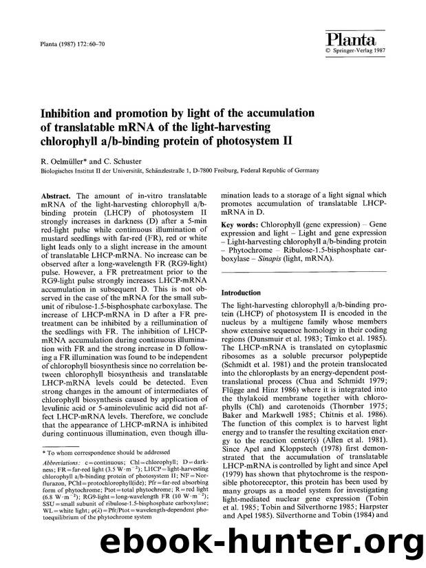 Inhibition and promotion by light of the accumulation of translatable mRNA of the light-harvesting chlorophyll ab-binding protein of photosystem II by Unknown