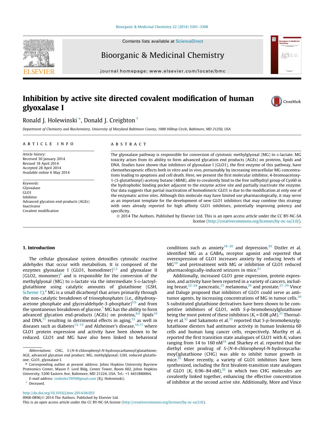 Inhibition by active site directed covalent modification of human glyoxalase I by Ronald J. Holewinski & Donald J. Creighton