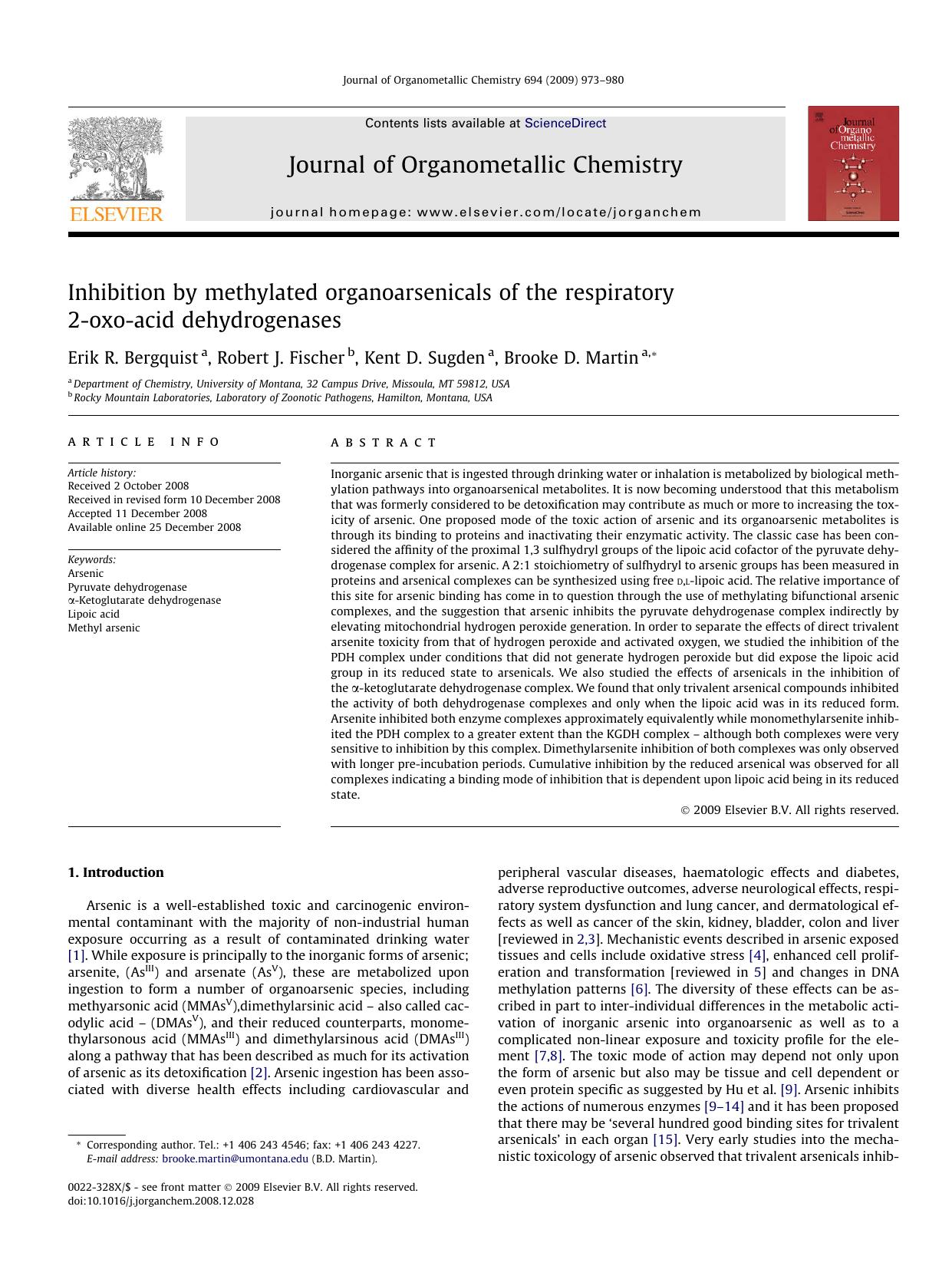 Inhibition by methylated organoarsenicals of the respiratory 2-oxo-acid dehydrogenases by Erik R. Bergquist; Robert J. Fischer; Kent D. Sugden; Brooke D. Martin