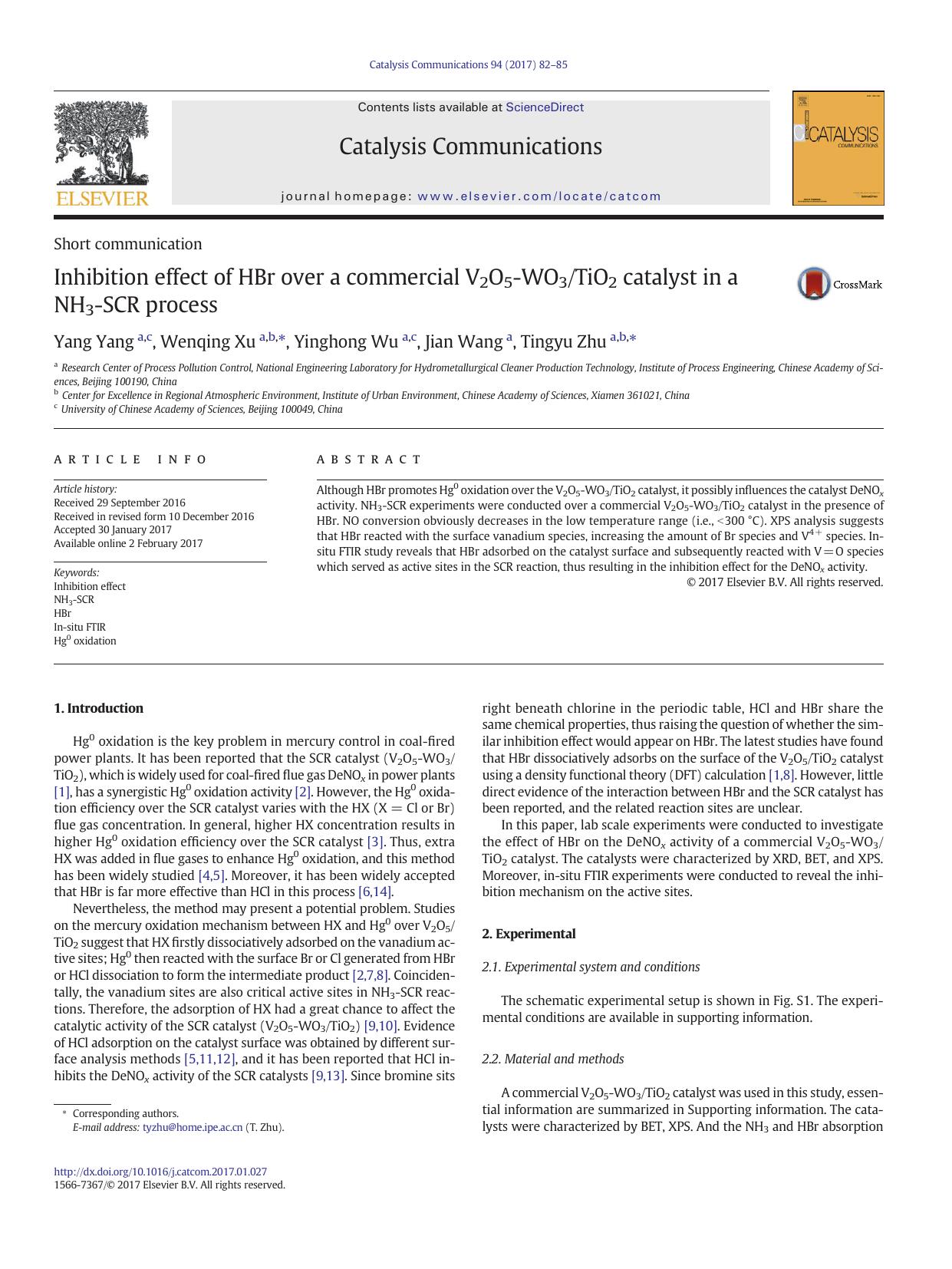 Inhibition effect of HBr over a commercial V2O5-WO3TiO2 catalyst in a NH3-SCR process by Yang Yang & Wenqing Xu & Yinghong Wu & Jian Wang & Tingyu Zhu