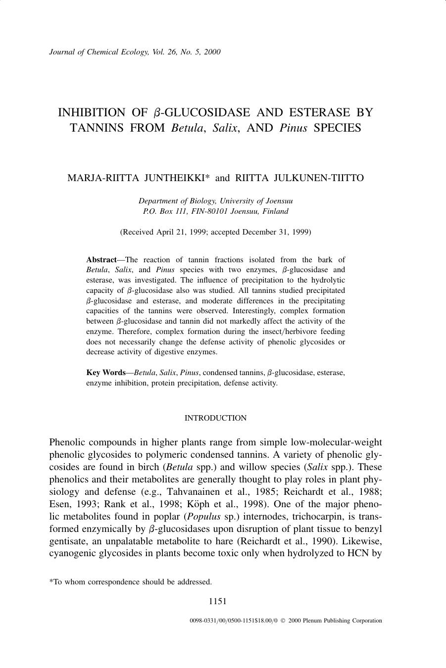 Inhibition of β-Glucosidase and Esterase by Tannins from Betula, Salix, and Pinus Species by Unknown