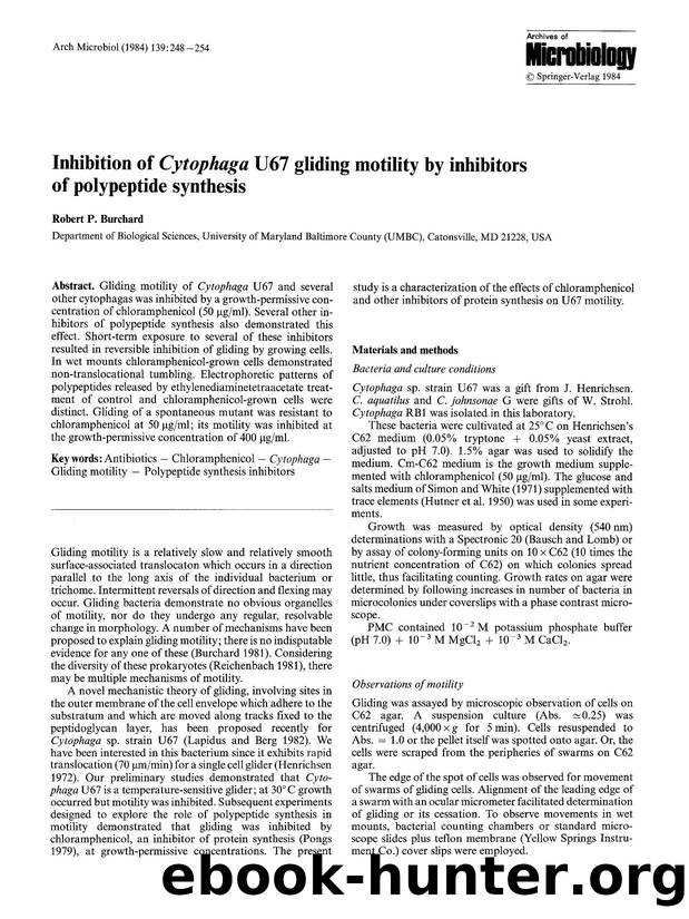 Inhibition of <Emphasis Type="Italic">Cytophaga<Emphasis> U67 gliding motility by inhibitors of polypeptide synthesis by Unknown