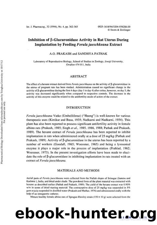 Inhibition of β-Glucuronidase Activity in Rat Uterus During Implantation by Feeding Ferula jaeschkeana Extract by A. O. Prakash & Sandhya Pathak