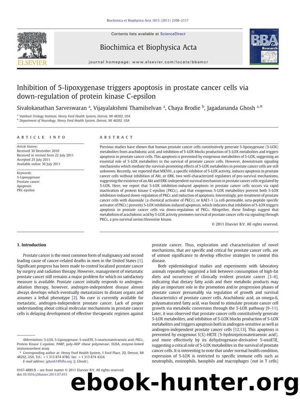 Inhibition of 5-lipoxygenase triggers apoptosis in prostate cancer cells via down-regulation of protein kinase C-epsilon by Sivalokanathan Sarveswaran & Vijayalakshmi Thamilselvan & Chaya Brodie & Jagadananda Ghosh