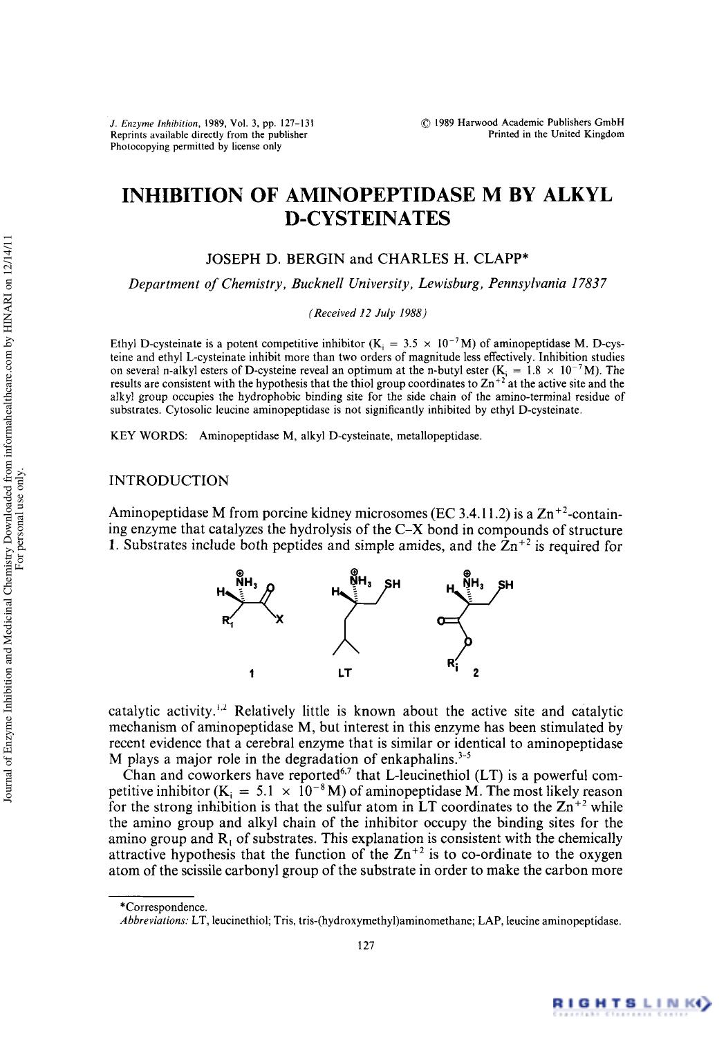 Inhibition of Aminopeptidase M by Alkyl D-Cysteinates by Joseph D. Bergin & Charles H. Clapp