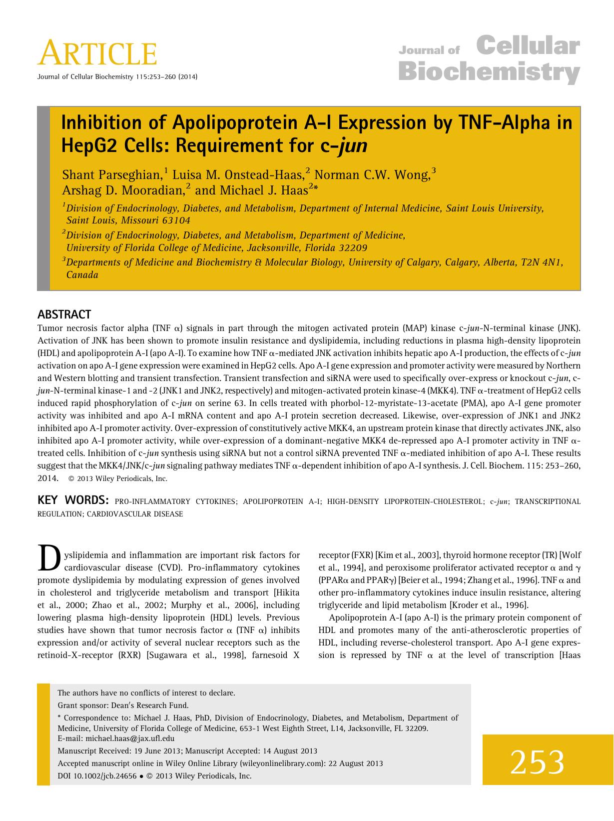 Inhibition of Apolipoprotein AI Expression by TNFAlpha in HepG2 Cells: Requirement for cjun by Unknown