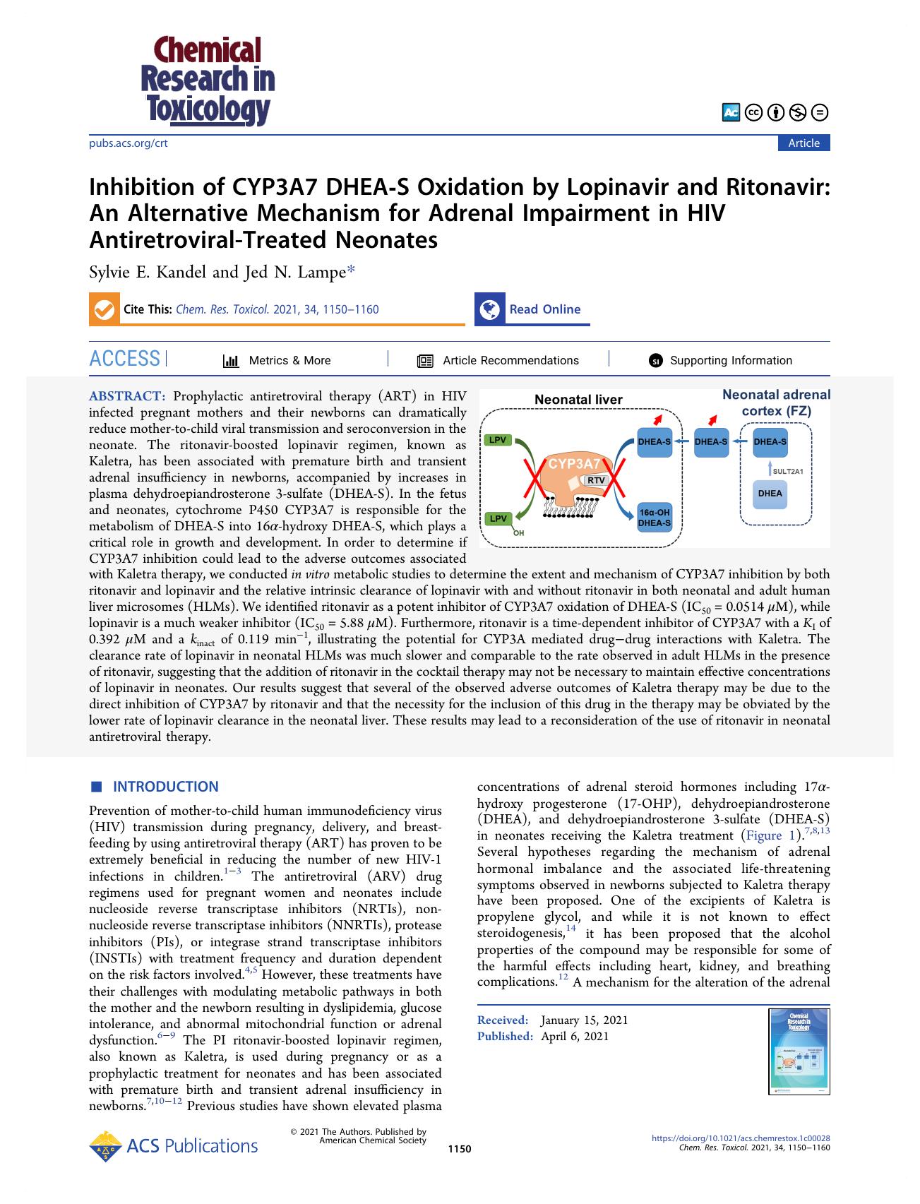 Inhibition of CYP3A7 DHEA-S Oxidation by Lopinavir and Ritonavir: An Alternative Mechanism for Adrenal Impairment in HIV Antiretroviral-Treated Neonates by Sylvie E. Kandel and Jed N. Lampe