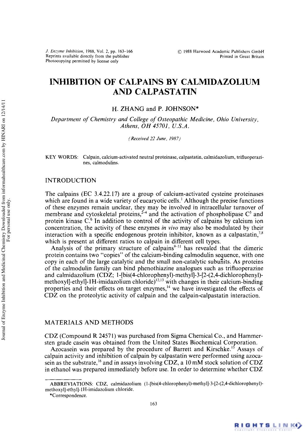 Inhibition of Calpains by Calmidazolium and Calpastatin by H. Zhang & P. Johnson