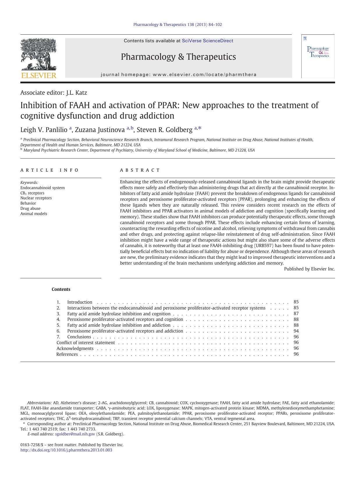 Inhibition of FAAH and activation of PPAR: New approaches to the treatment of cognitive dysfunction and drug addiction by Leigh V. Panlilio & Zuzana Justinova & Steven R. Goldberg