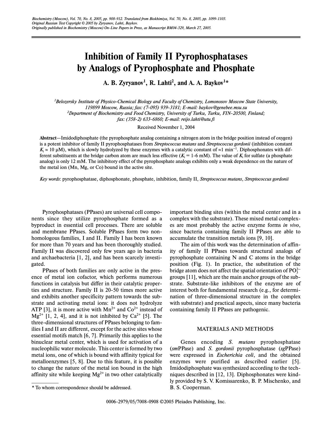 Inhibition of Family II Pyrophosphatases by Analogs of Pyrophosphate and Phosphate by Unknown
