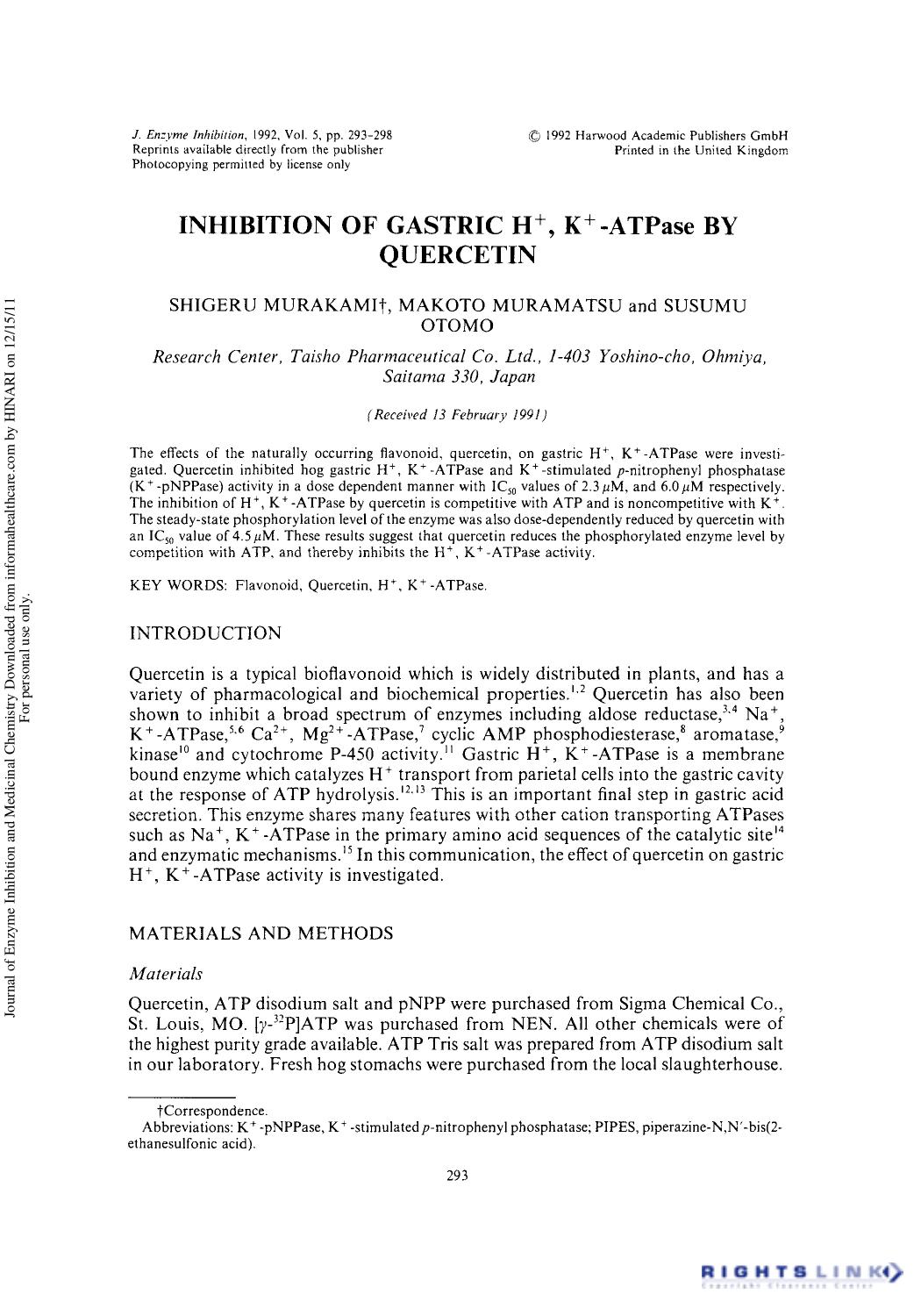 Inhibition of Gastric H+ K+-ATPase by Quercetin by Shigeru Murakami Makoto Muramatsu & Susumu Otomo