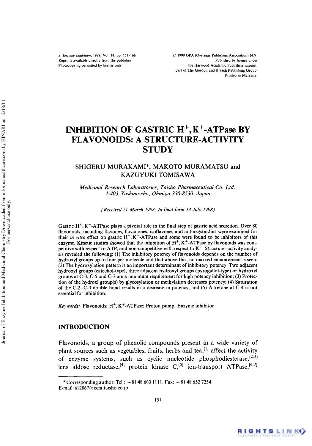 Inhibition of Gastric H+,K+-ATPase by Flavonoids: A Structure-Activity Study by Shigeru Murakami Makoto Muramatsu & Kazuyuki Tomisawa