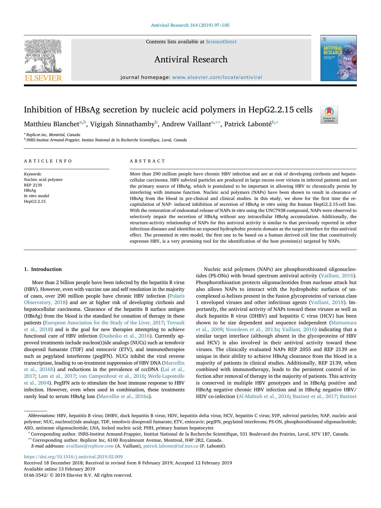 Inhibition of HBsAg secretion by nucleic acid polymers in HepG2.2.15â¯cells by Matthieu Blanchet & Vigigah Sinnathamby & Andrew Vaillant & Patrick Labonté