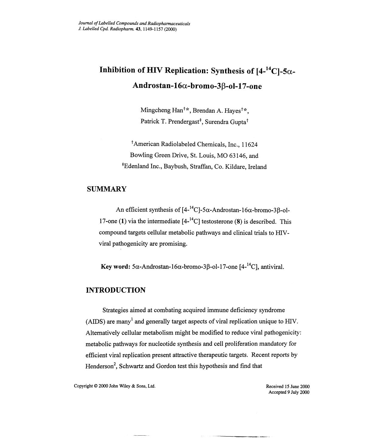 Inhibition of HIV replication: Synthesis of [4-14C]-5[alpha]-androstan-16[alpha]-bromo-3[beta]-o1-17-one by Unknown