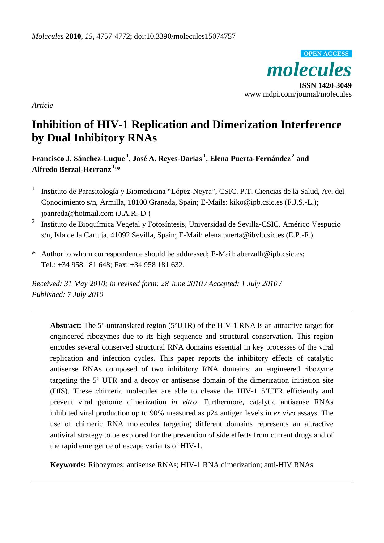Inhibition of HIV-1 Replication and Dimerization Interference by Dual Inhibitory RNAs by unknow