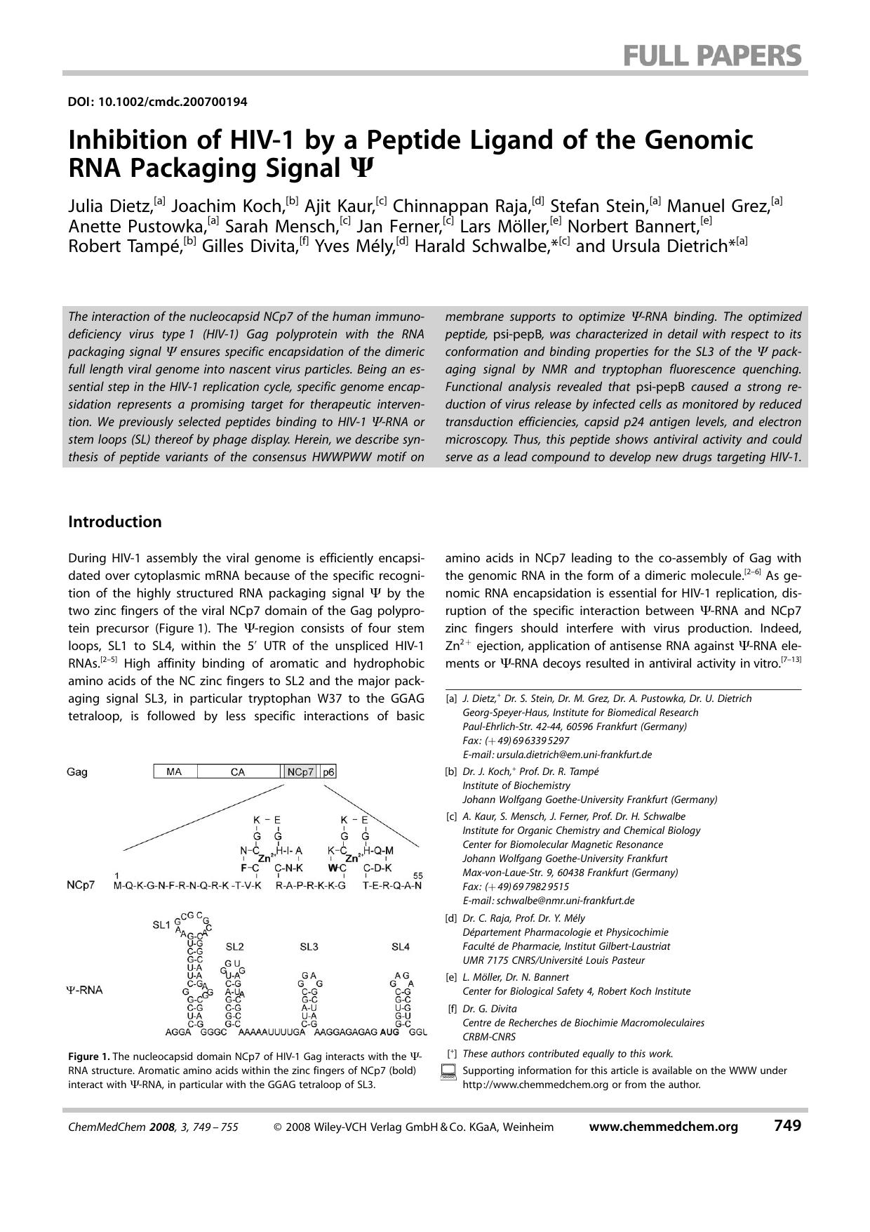 Inhibition of HIV-1 by a Peptide Ligand of the Genomic RNA Packaging Signal [Psi] by Unknown