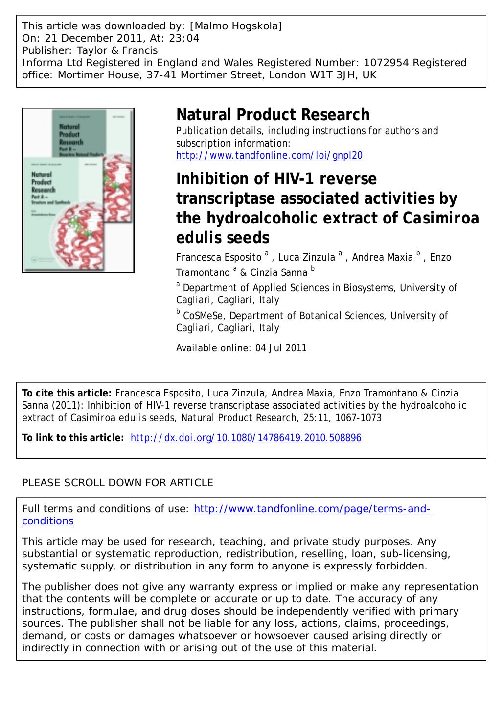 Inhibition of HIV-1 reverse transcriptase associated activities by the hydroalcoholic extract of Casimiroa edulis seeds by unknow
