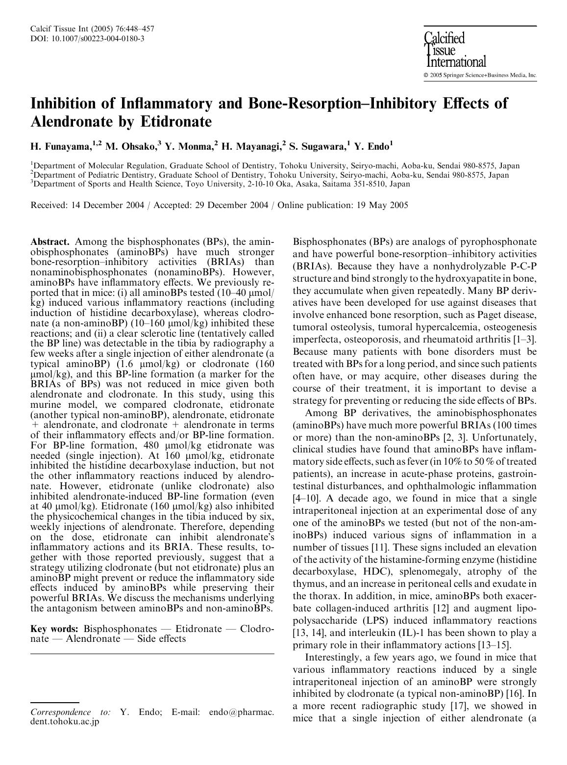 Inhibition of Inflammatory and Bone-Resorption âInhibitory Effects of Alendronate by Etidronate by Funayama H. et al