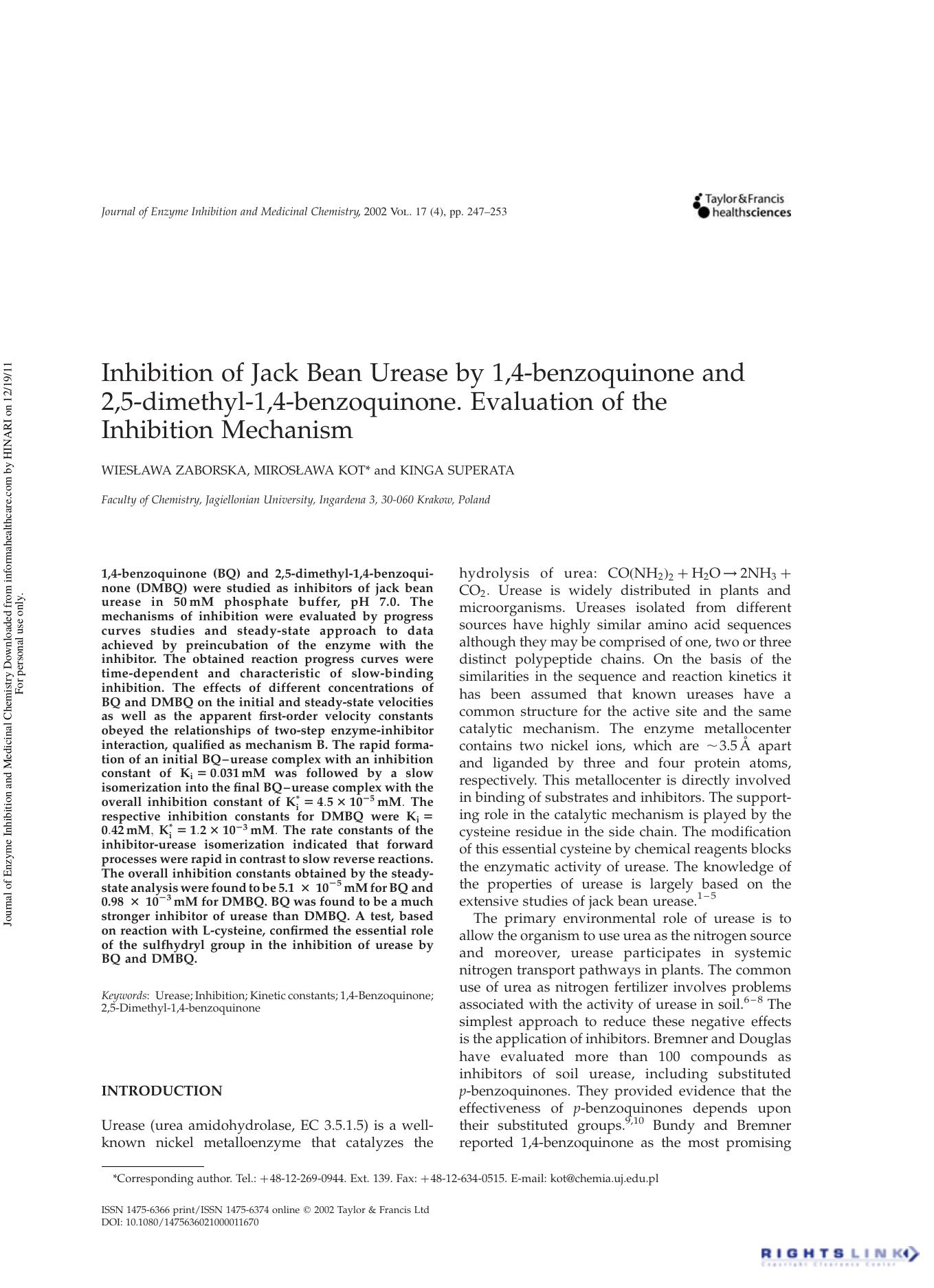 Inhibition of Jack Bean Urease by 1,4-benzoquinone and 2,5-dimethyl-1,4-benzoquinone. Evaluation of the Inhibition Mechanism by Wiesława Zaborska Mirosława Kot & Kinga Superata