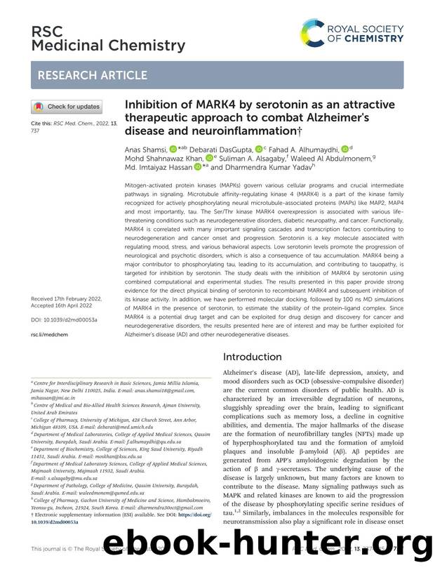 Inhibition of MARK4 by serotonin as an attractive therapeutic approach to combat Alzheimer's disease and neuroinflammation by unknow