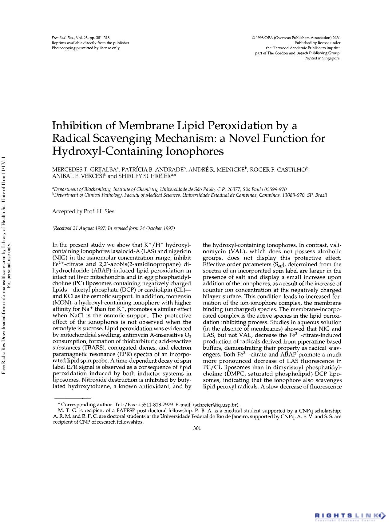 Inhibition of Membrane Lipid Peroxidation by a Radical Scavenging Mechanism: a Novel Function for Hydroxyl-Containing Ionophores by unknow