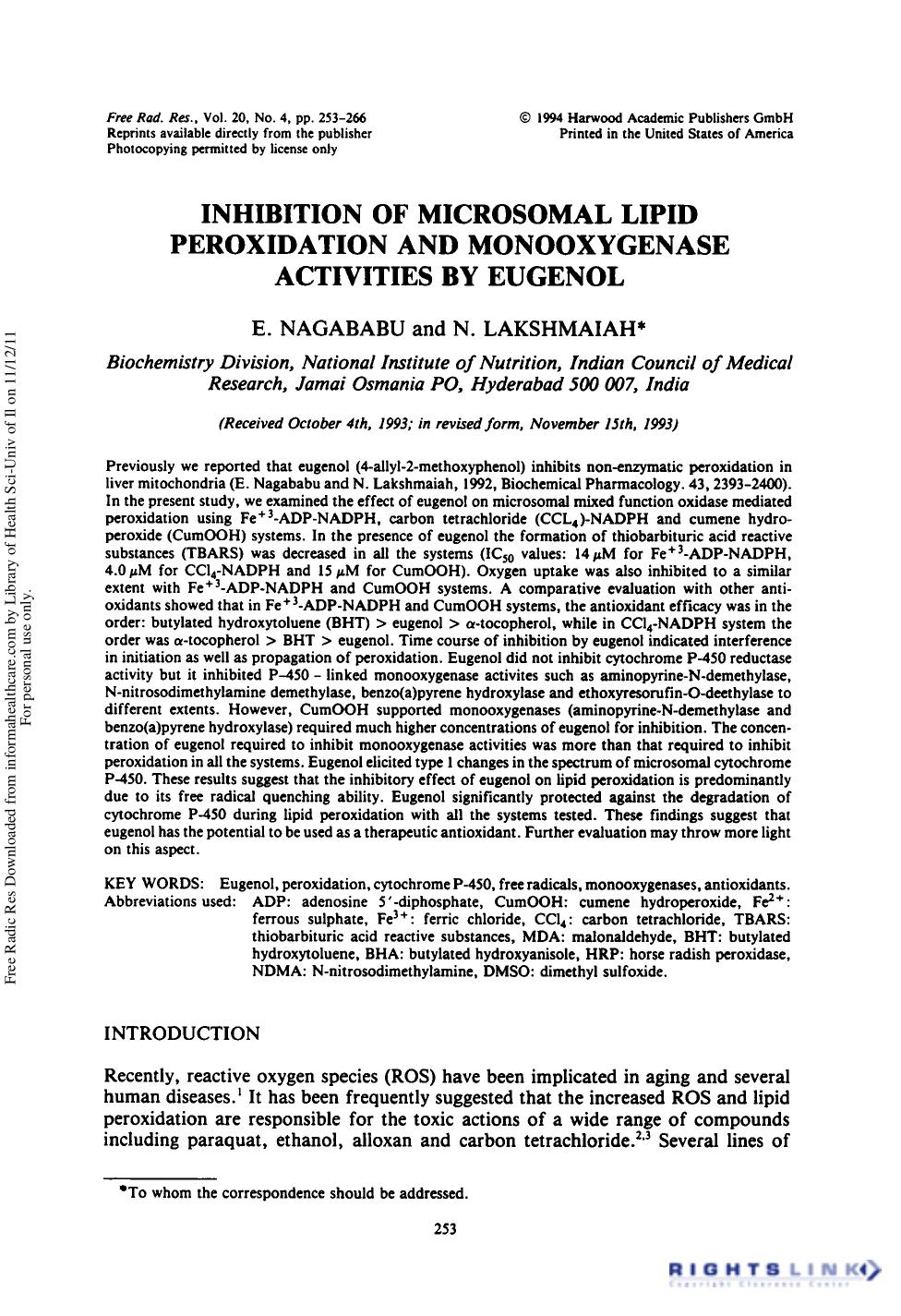 Inhibition of Microsomal Lipid Peroxidation and Monooxygenase Activities by Eugenol by E. Nagababu1 & N. Lakshmaiah1
