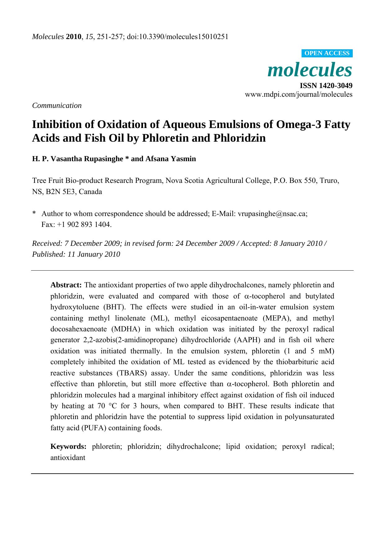 Inhibition of Oxidation of Aqueous Emulsions of Omega-3 Fatty Acids and Fish Oil by Phloretin and Phloridzin by H. P. Vasantha Rupasinghe & Afsana Yasmin