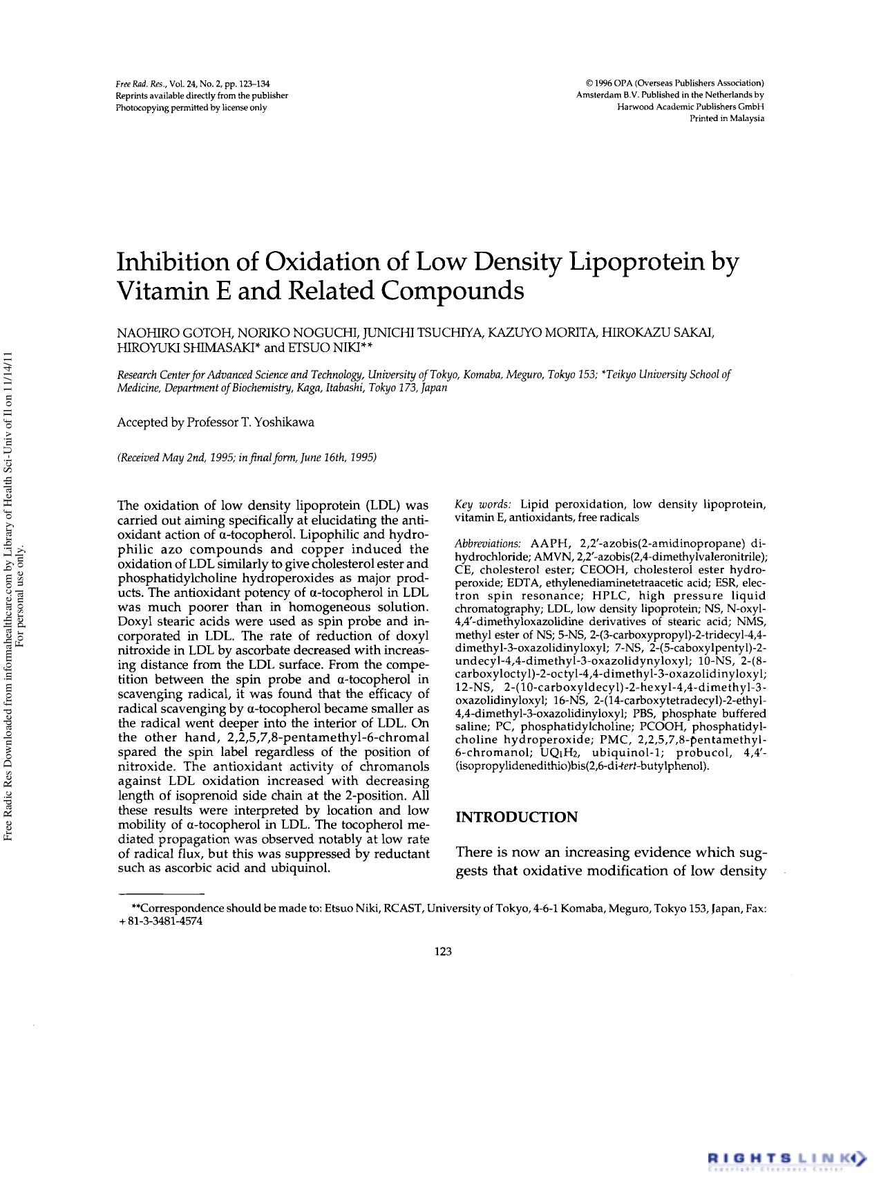 Inhibition of Oxidation of Low Density Lipoprotein by Vitamin E and Related Compounds by unknow