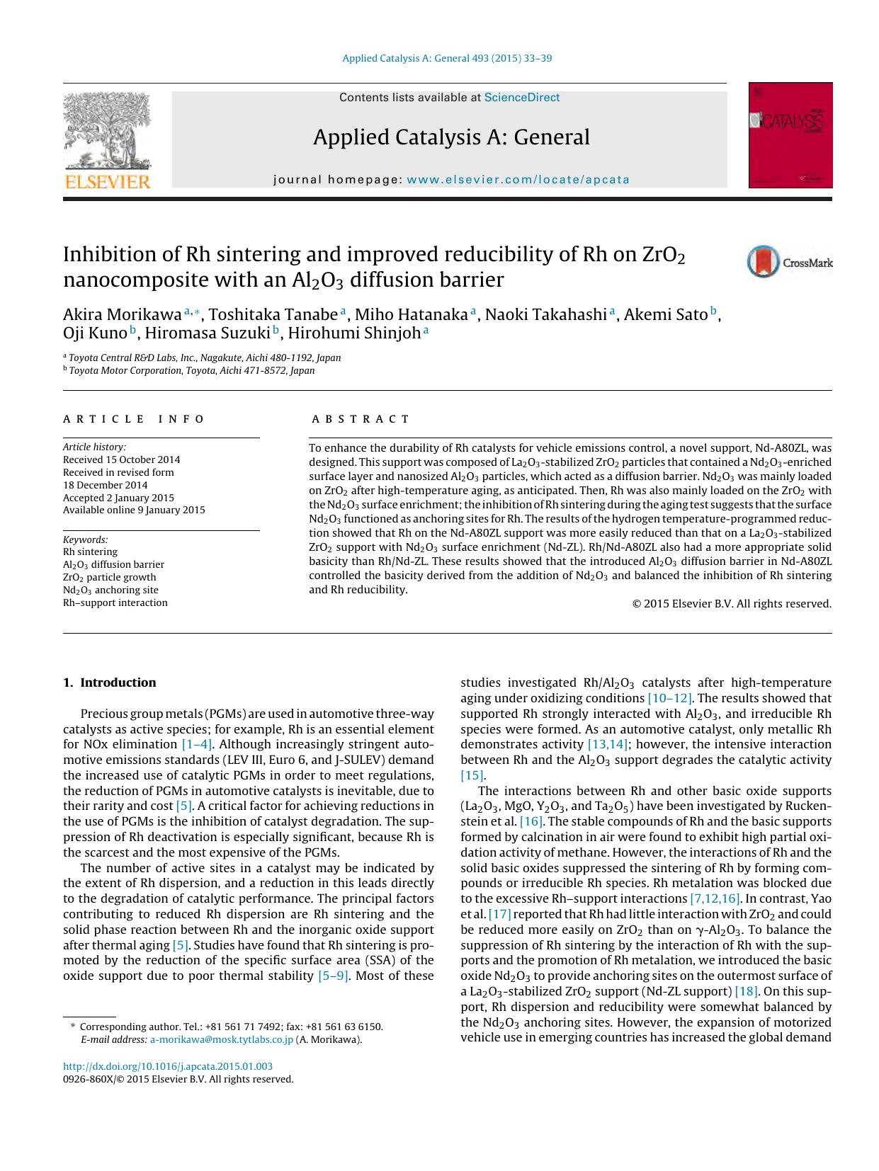 Inhibition of Rh sintering and improved reducibility of Rh on ZrO2 nanocomposite with an Al2O3 diffusion barrier by unknow